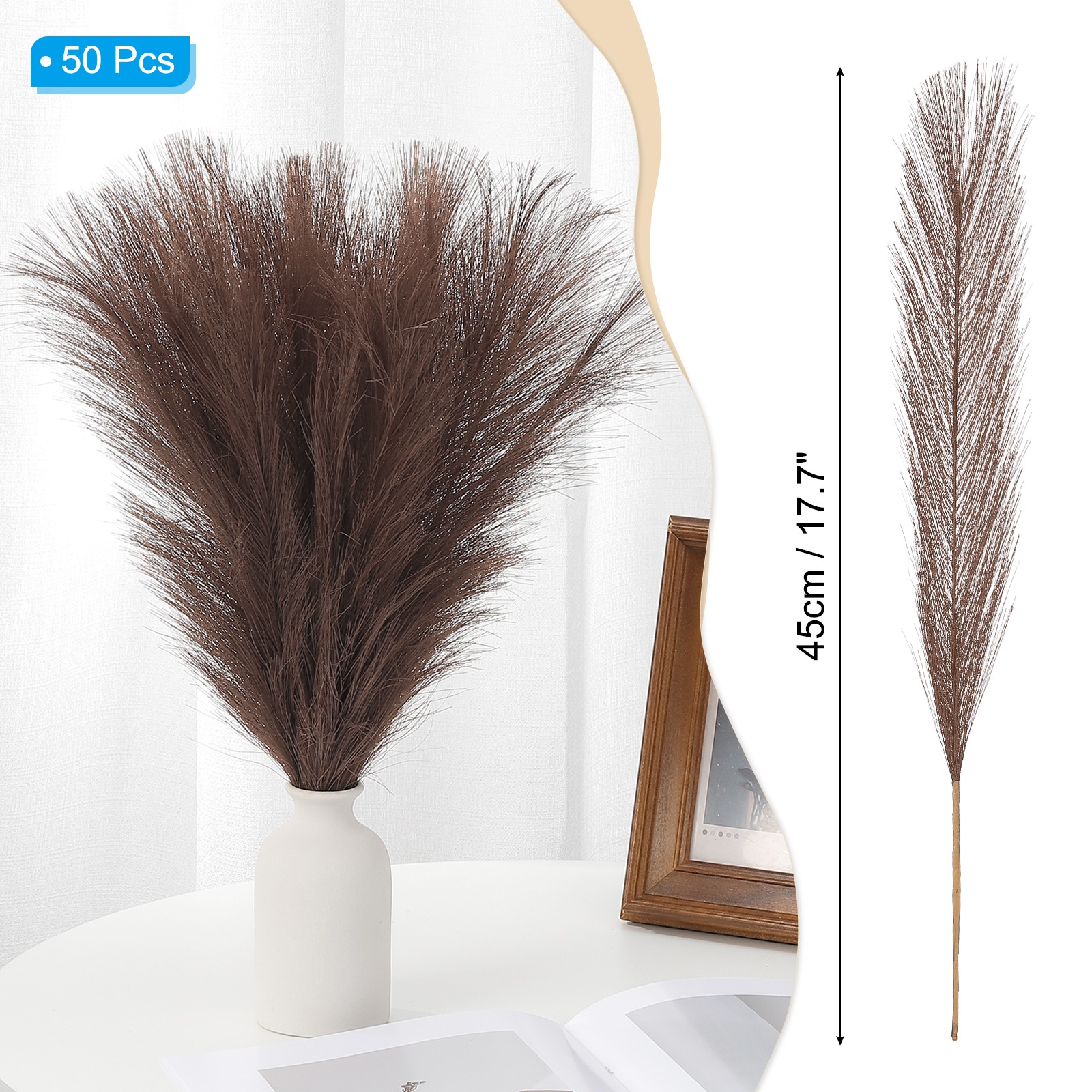 17.7in Pampas Grass Decor, 50pcs Artificial Pampas Grass Bulk, Dark Brown