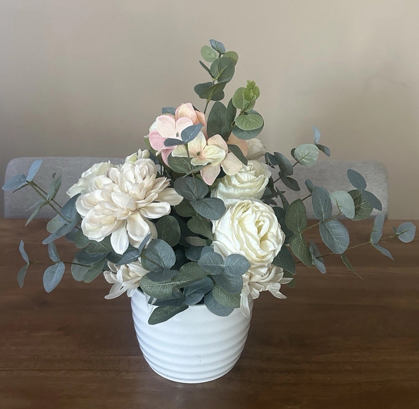 Artificial Faux Flowers Floral Arrangement With White Ribbed Vase Centerpiece