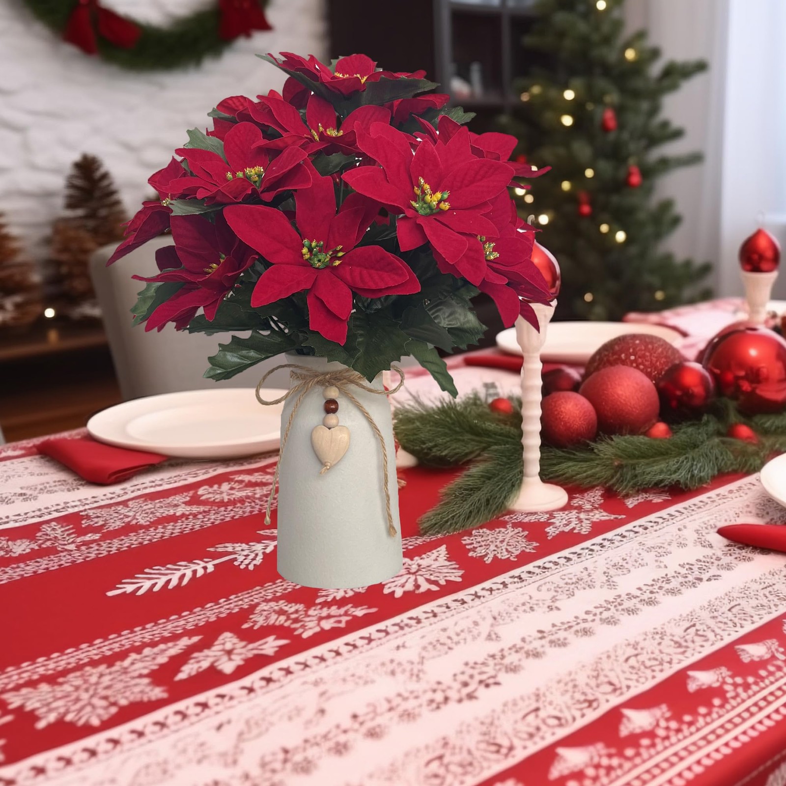 Red Artificial Poinsettia Christmas Flower Arrangement Centerpiece White Vase