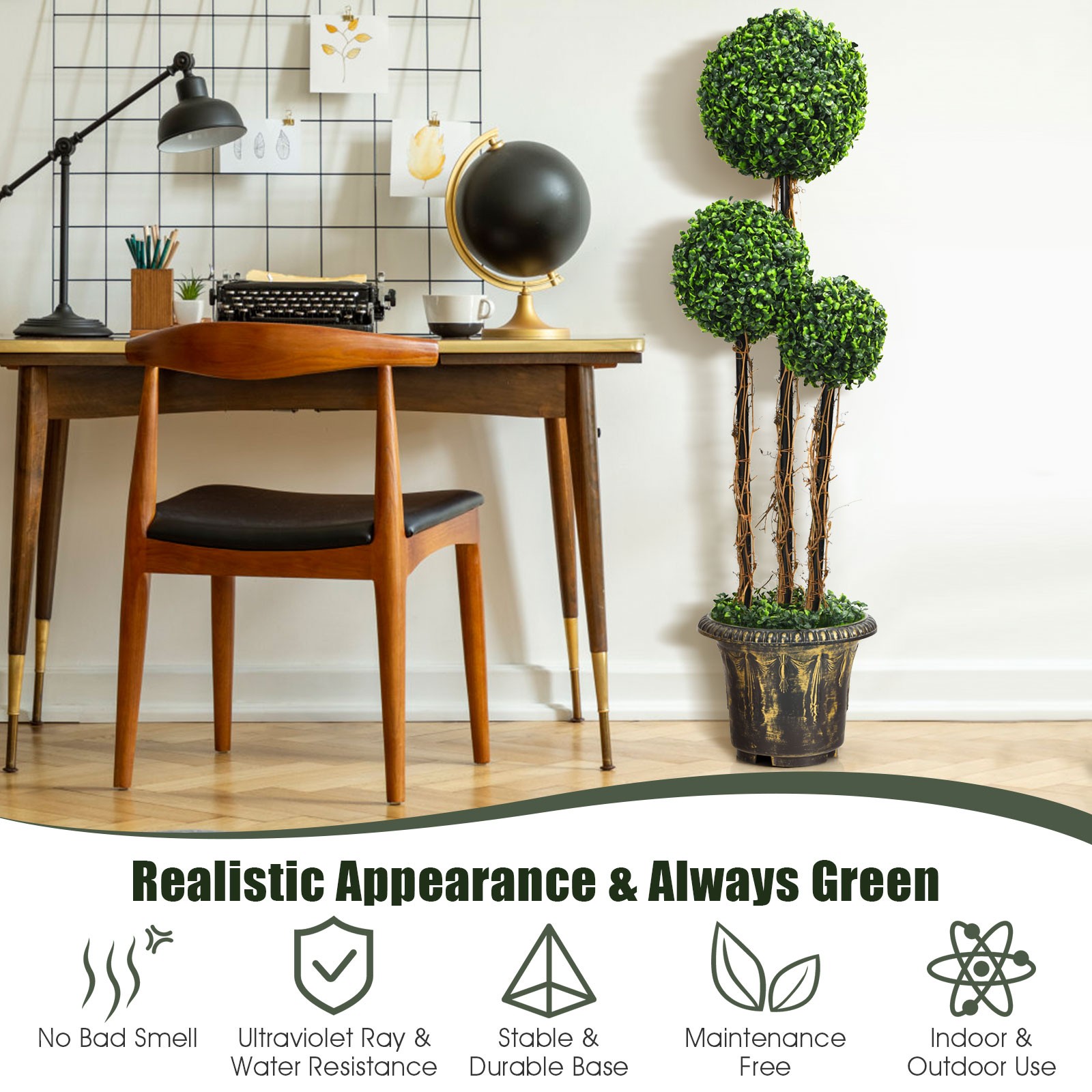 Costway 4’ Artificial Topiary Triple Ball Tree Plant Outdoor Indoor UV Resistant