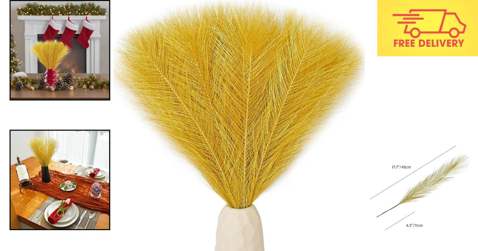 Gold Silk Pampas Grass Bouquet – 20 Fluffy Stems, 17.7in for Elegant Home Decor