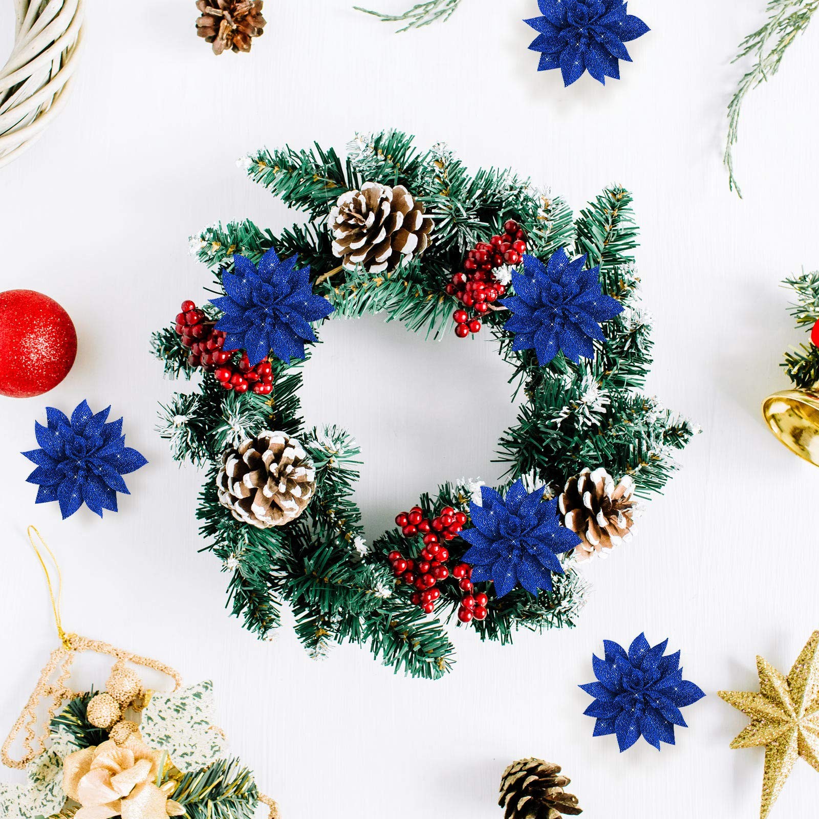 36 PCS Christmas Glitter Poinsettia Flowers Decorative Wreath 3.94 Inches Blue