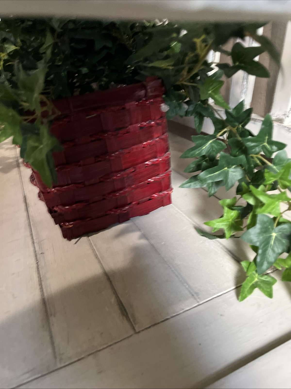 Faux Ivy In Red Wicker Basket 19”W x6 1/2”Dx6 3/8”H W/ Plant 19”H x58”W Used