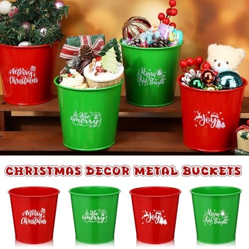20 Pcs Christmas Metal Buckets Christmas Galvanized Flower Planters Pots Red