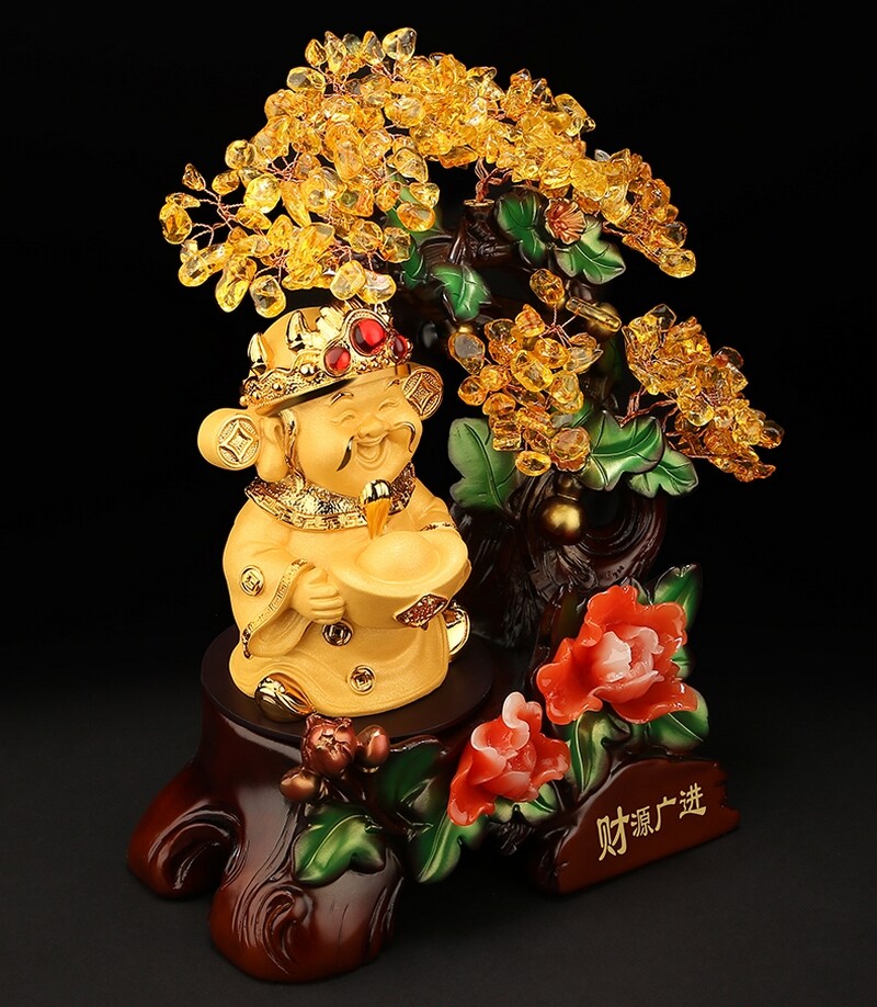 9″ Yellow Crystal Chinese Money Tree Wealth God Bonsai Statue Feng Shui Decor