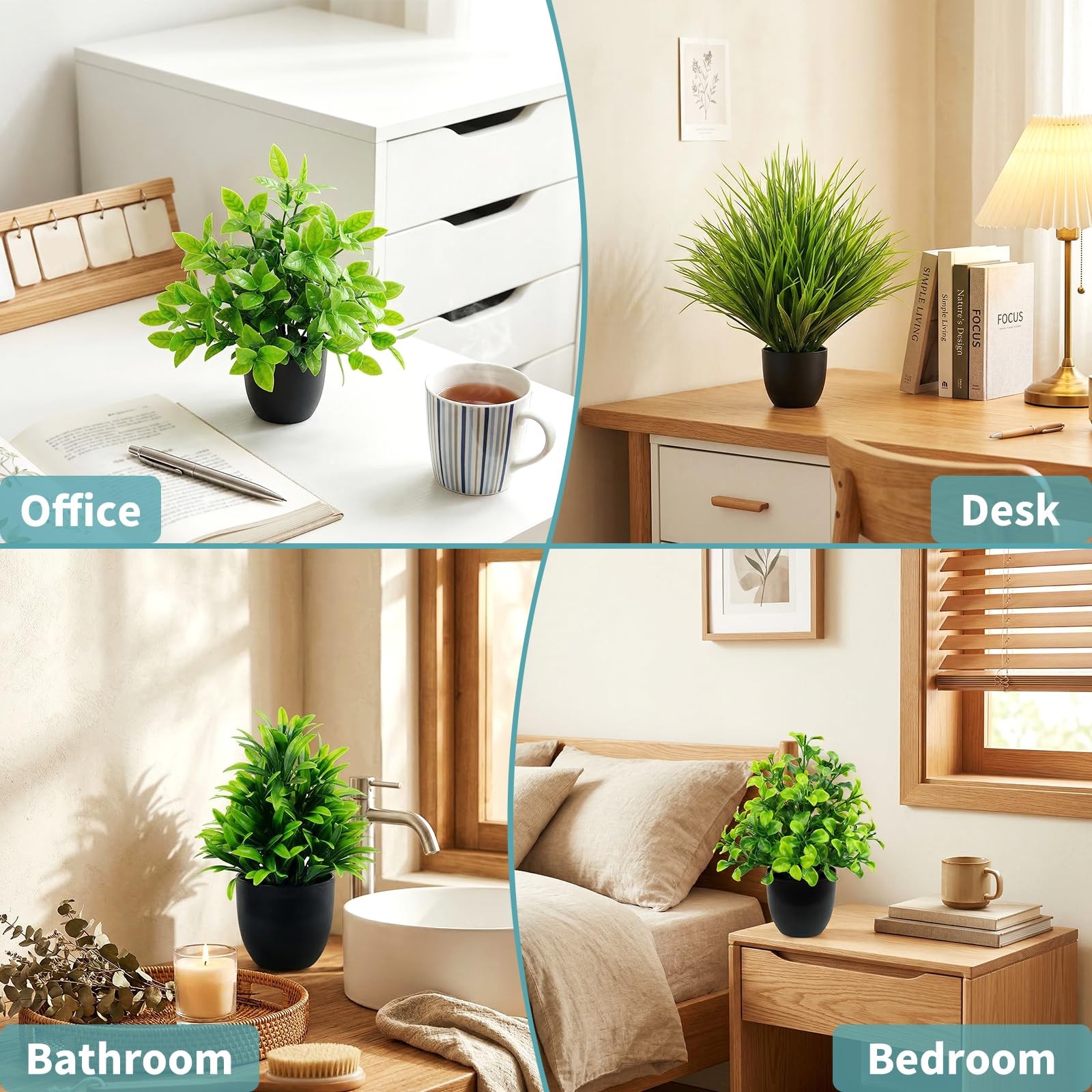 4 Pack Mini Fake Plants Small Artificial Greenery Potted Plants in Black Pots…
