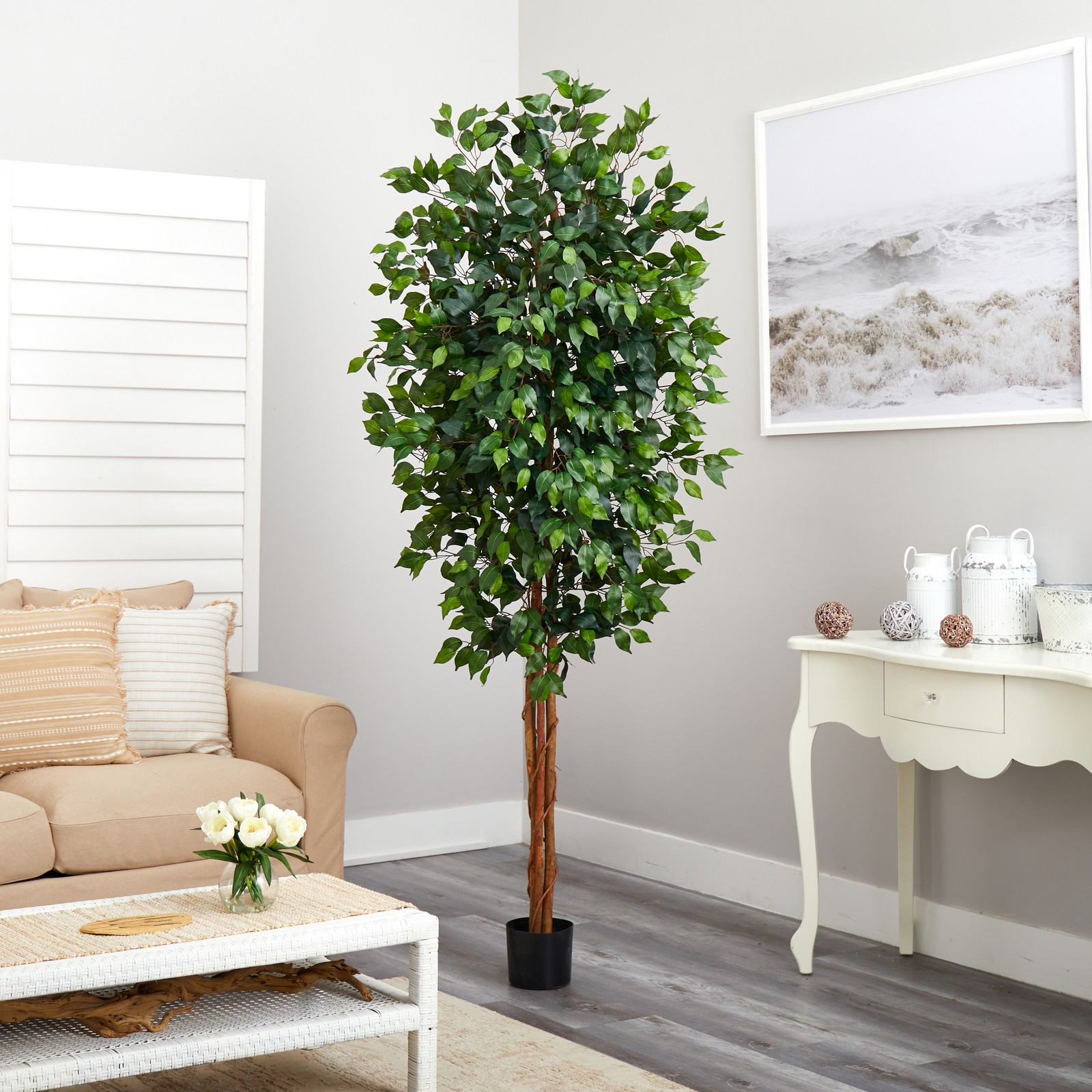 Nearly Natural 84″ Ficus Silk Tree with Natural Trunk & 1260 Leaves Green/Black