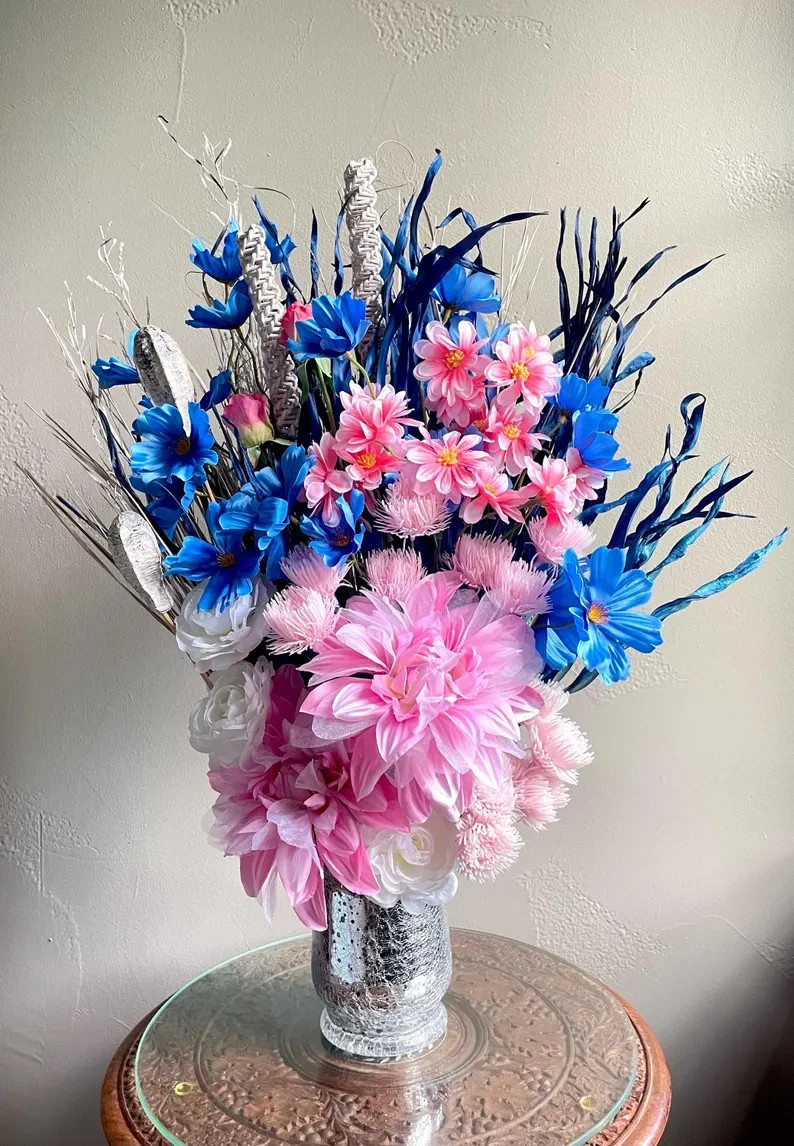 Blue & Pink Centerpiece Modern Chic Living Dining Room Decor Bedroom Accent
