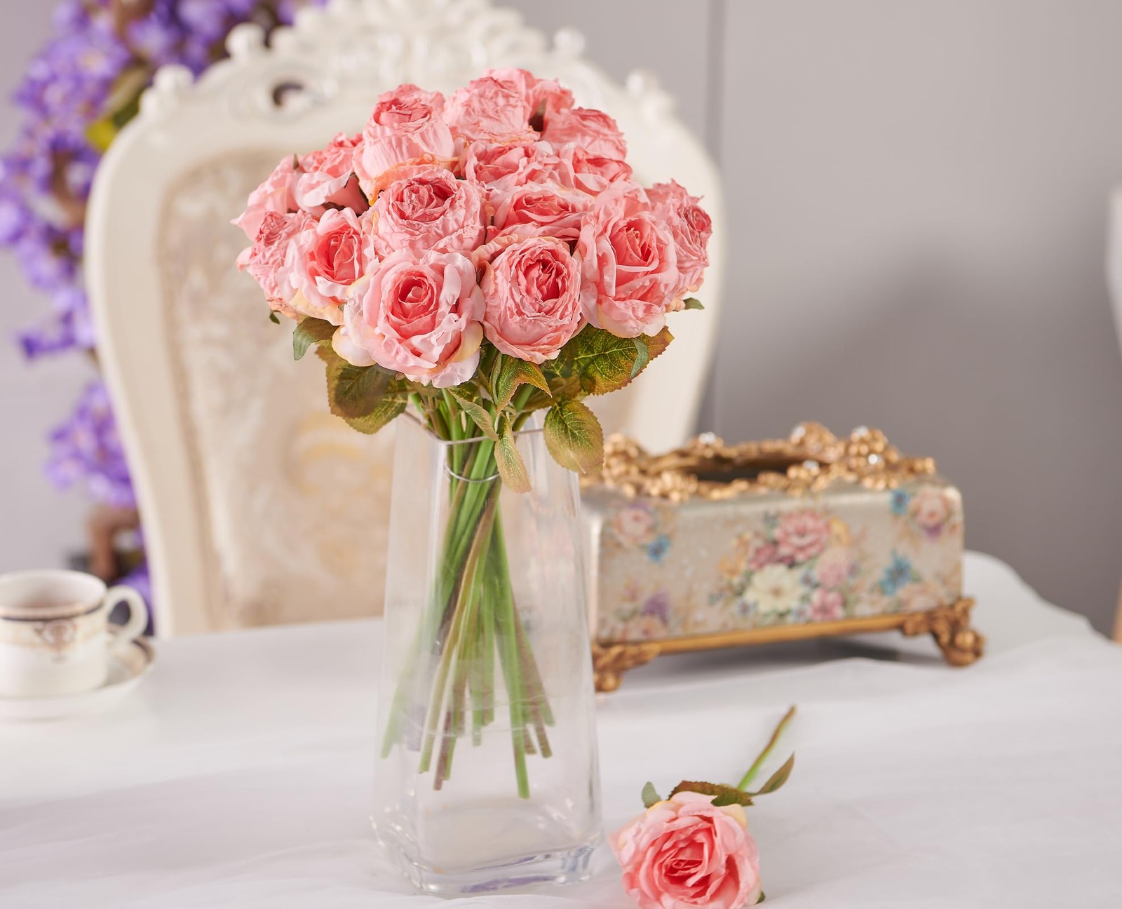 12pcs Pink Realistic Faux Silk Roses, Artificial Flower Bouquet, Home, Wedding