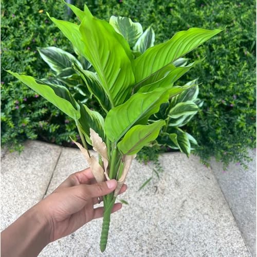 4 Bushes Perennial Hosta Faux Plant – 15.7″ Variegated Green Leaves, Tropical In