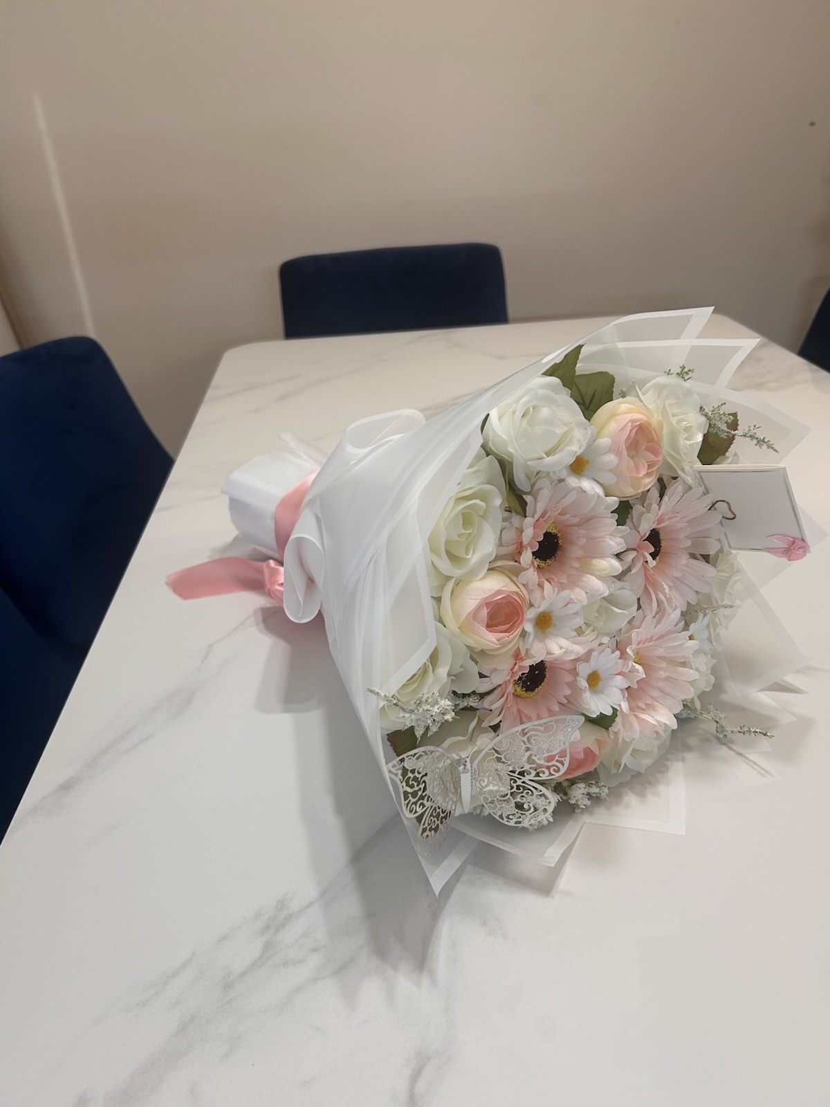 Artificial Pink & White Rose and Gerbera Daisy Flower Bouquet Bunch