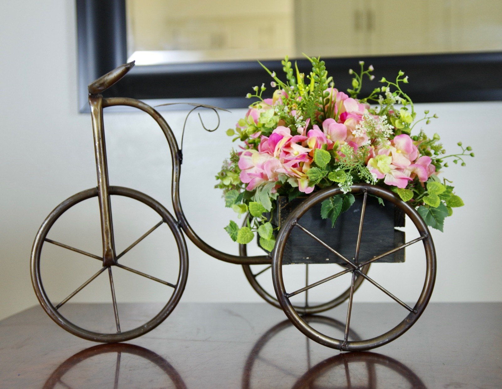Silk Pink Hydrangeas in Metal Tricycle, Vintage Style