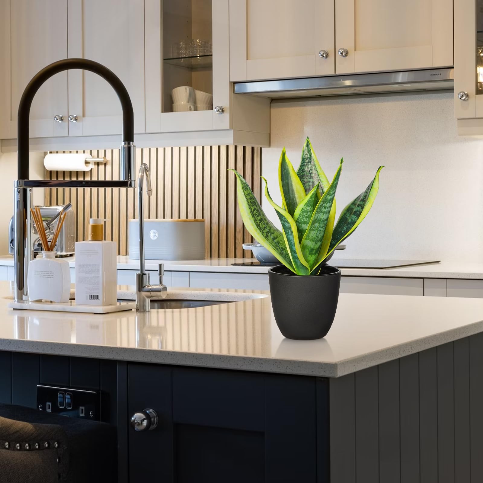 Fake Snake Plant 11.22 Inch Artificial Sansevieria Black Pot Indoor Decor