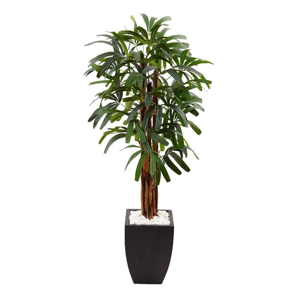 Nearly Natural 66″ Raphis Palm Artificial Tree in Black Planter in Green/Black