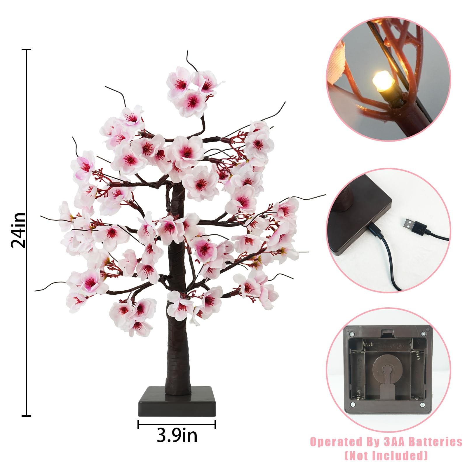 2 PCS 24 Inch Lighted Cherry Blossom Tree 48 Warm White LED Tabletop Bonsai