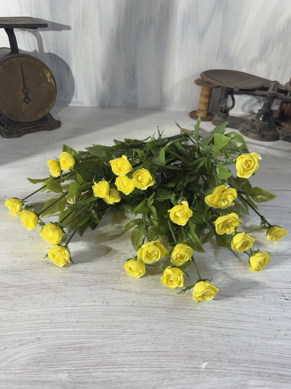 MCM Lot (24) 1” Yellow Plastic Long Stem Roses With Wire Stems Crafts Millenary