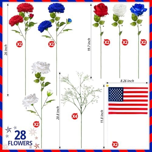 28 Pcs Red White and Blue Flowers, Patriotic Memorial Bouquet Atificial Flowers,