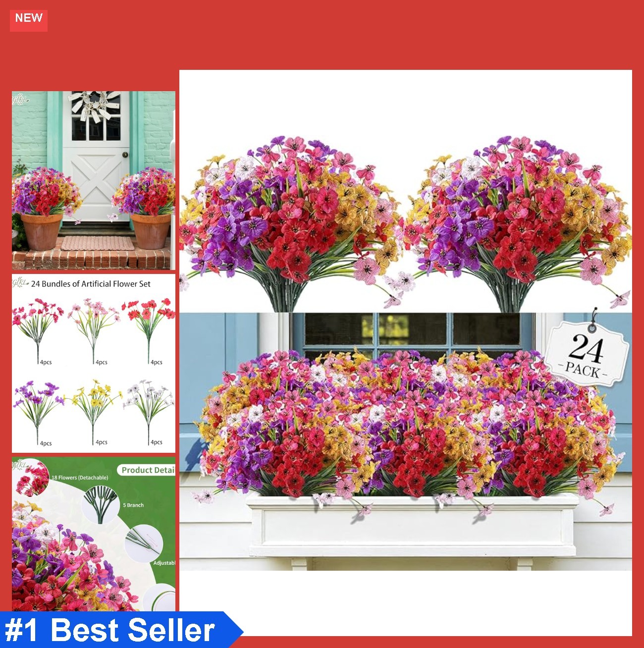 24 Bundles Artificial Flowers UV Resistant Fade Proof Fake Plastic Outdoor Decor