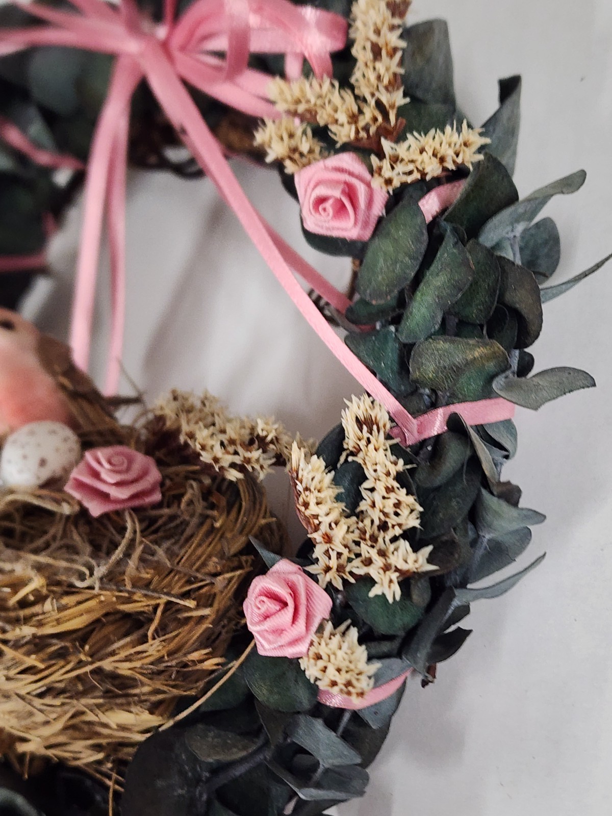 Vintage Small Bird Nest Wreath Wall Hanging Cottagecore Floral Pink Ribbon