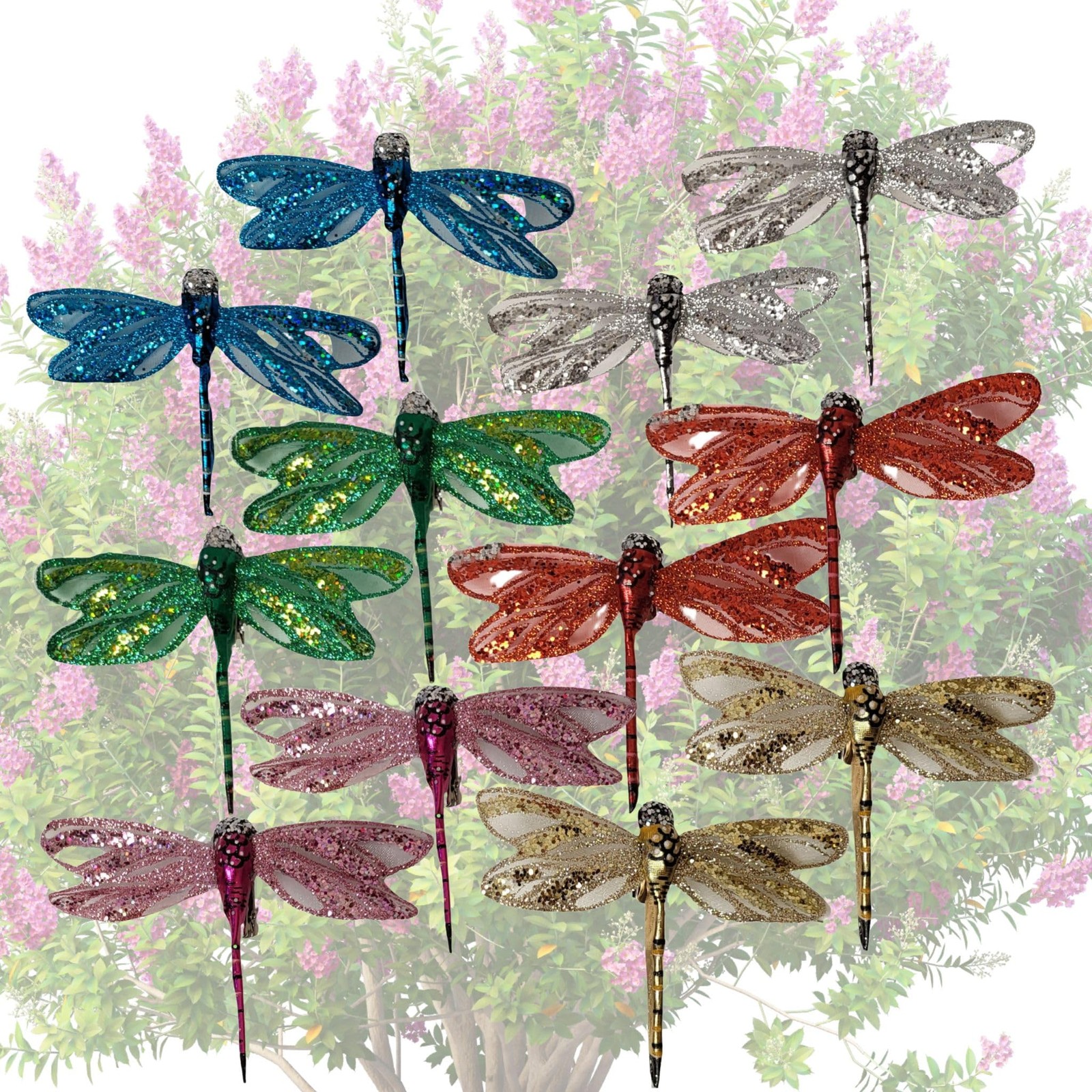 Dragonfly Clip Ons Set of 12, Multicolor Glitter Dragonfly Decorations with M…