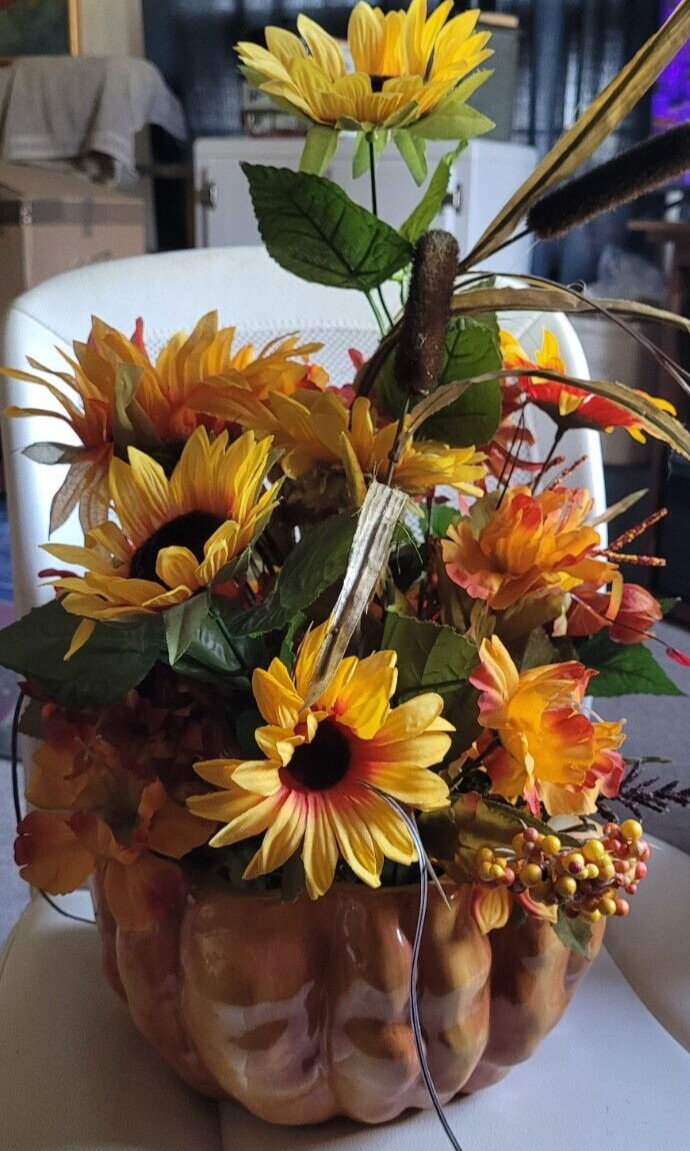 Fall Centerpiece Sunflowers Cattails Ceramic Pumpkin Flowers Tabletop Decoration