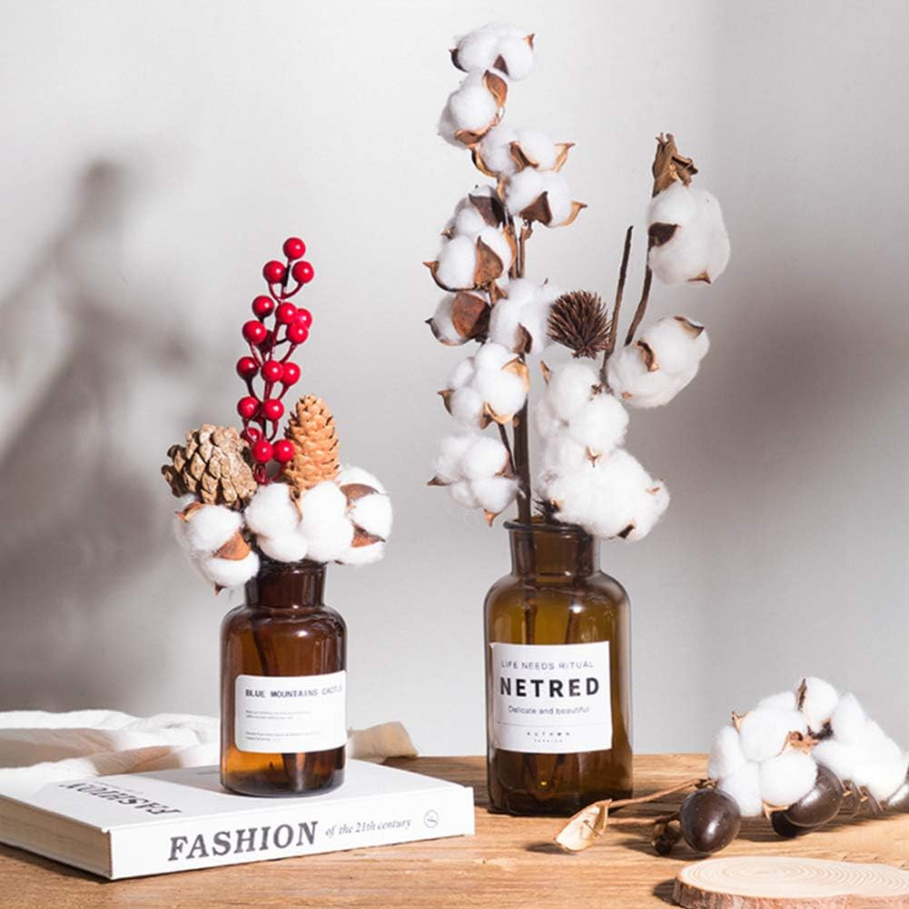 Cotton Stems 8 Packs with 15 Bolls, Natural Dried Flowers Cotton Sprigs for Vase
