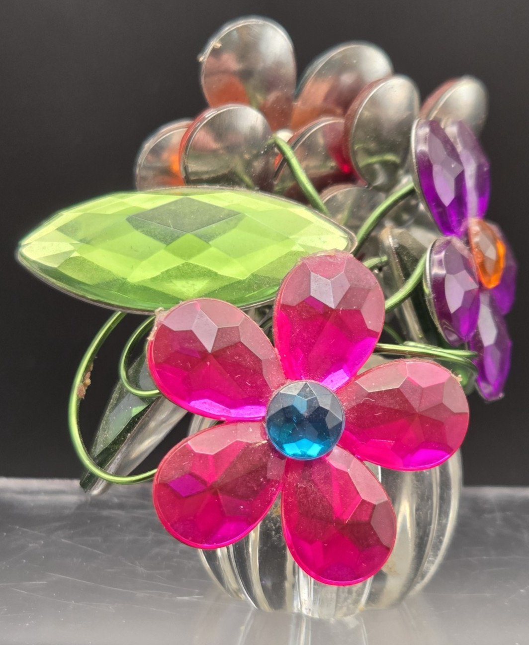 Crystal Expression Ganz 5 Flower Posy Pot Pinks Clear Green Blue Appx 3” Tall