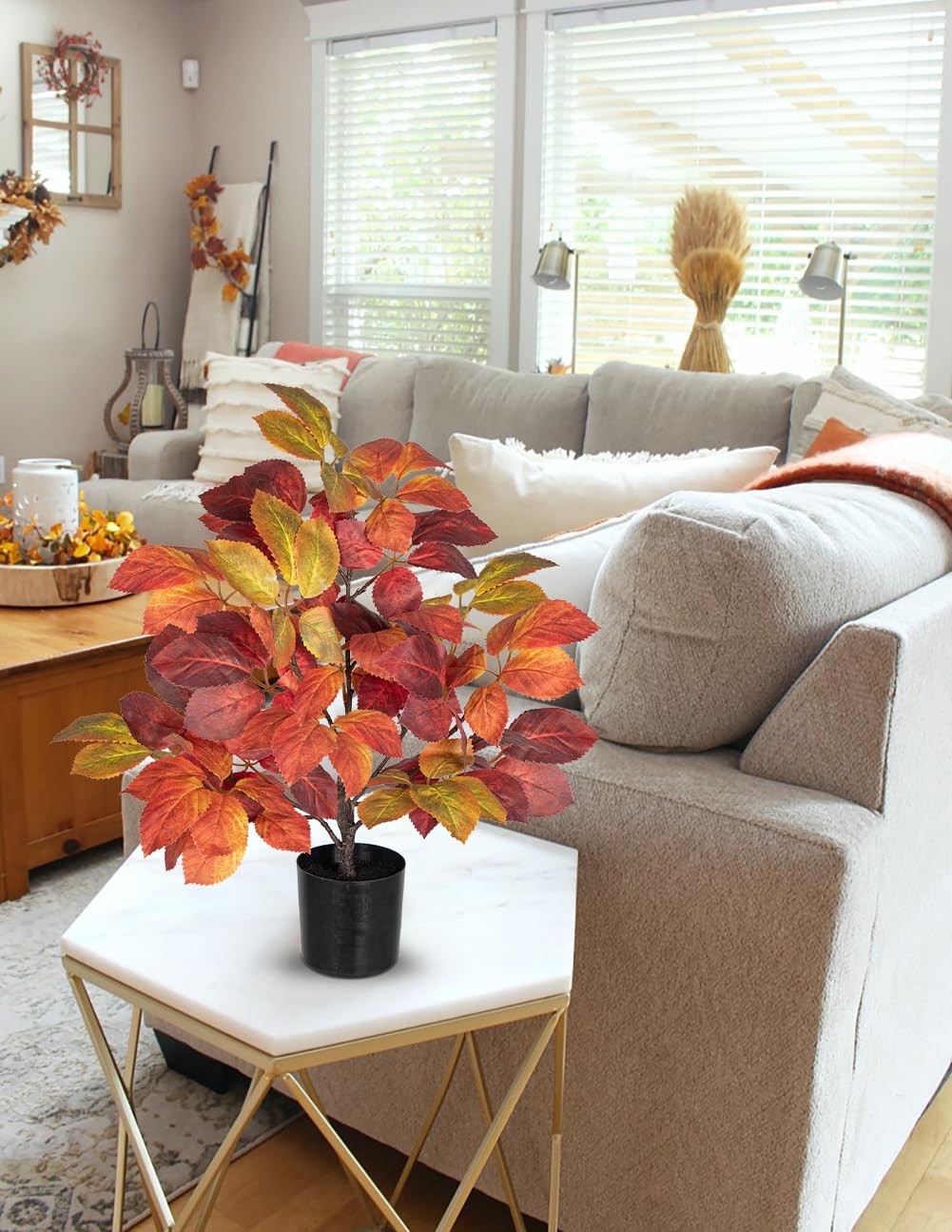 Fake Fall Tree In Black Pot Autumn Artificial Beech Leaf Tabletop 19.7 Inch