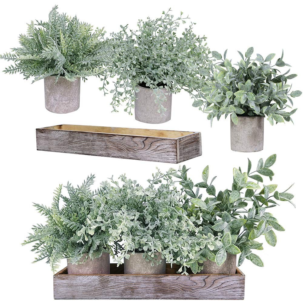 Winlyn 3 Pack Potted Plants Artificial Eucalyptus Boxwood Fern Greenery in Pots