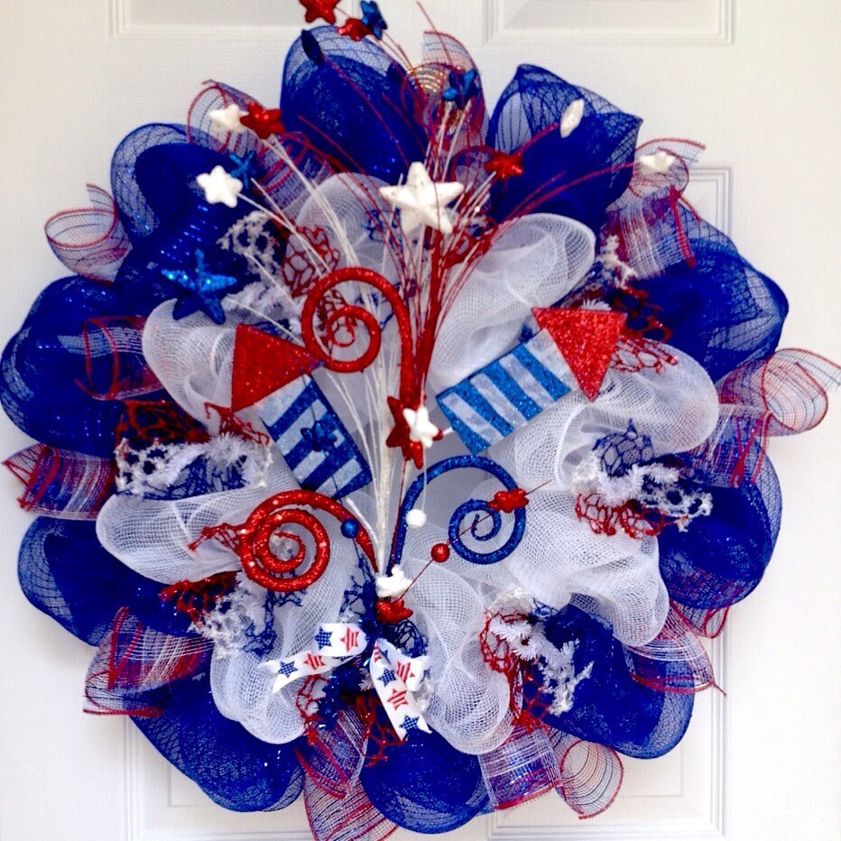 Sky Rockets In Flight Patriotic Handmade Deco Mesh Wreath 24 inch or 28 Inch