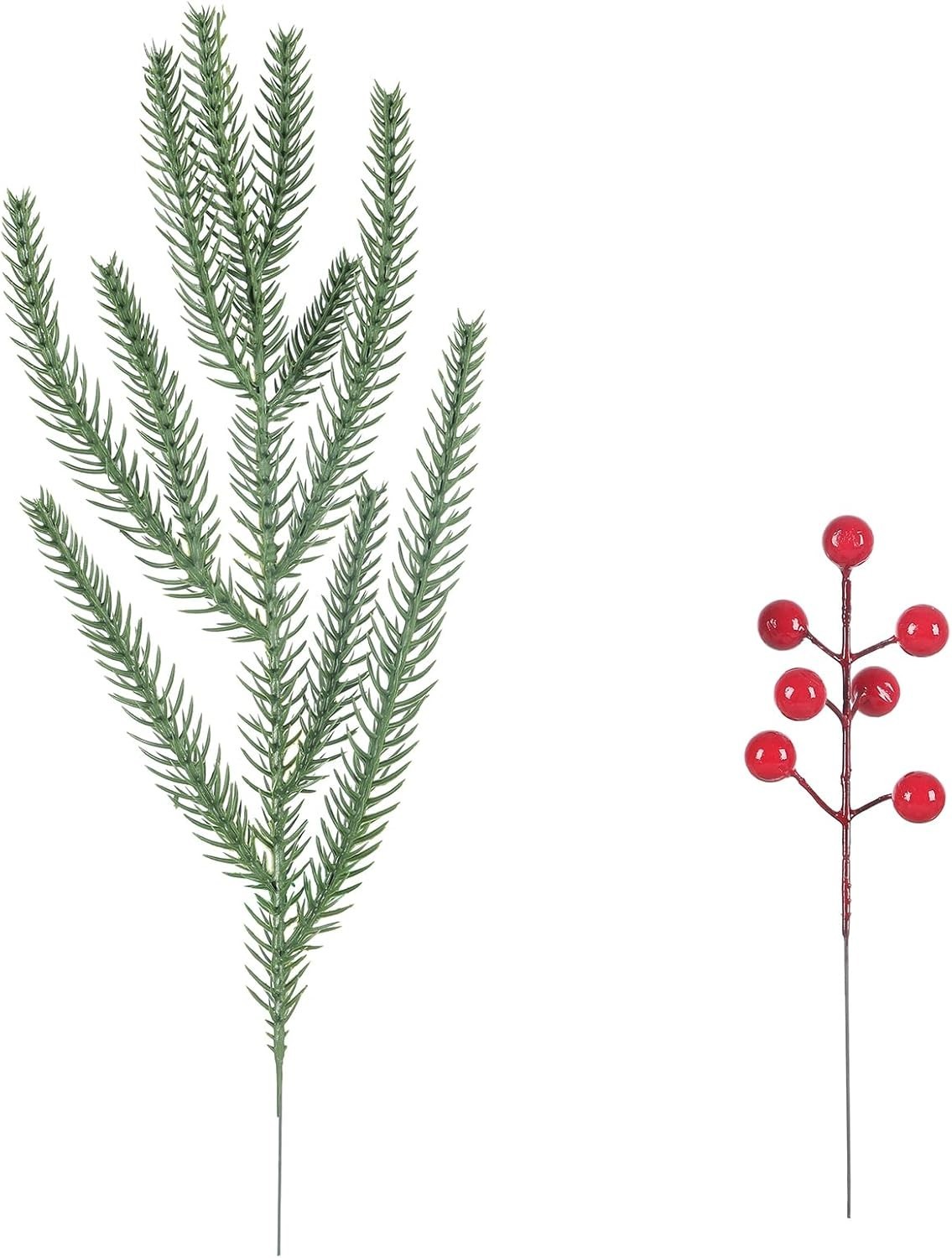 50 Pcs Christmas Norfolk Pine Artificial Christmas Branches with Red Berry Stem
