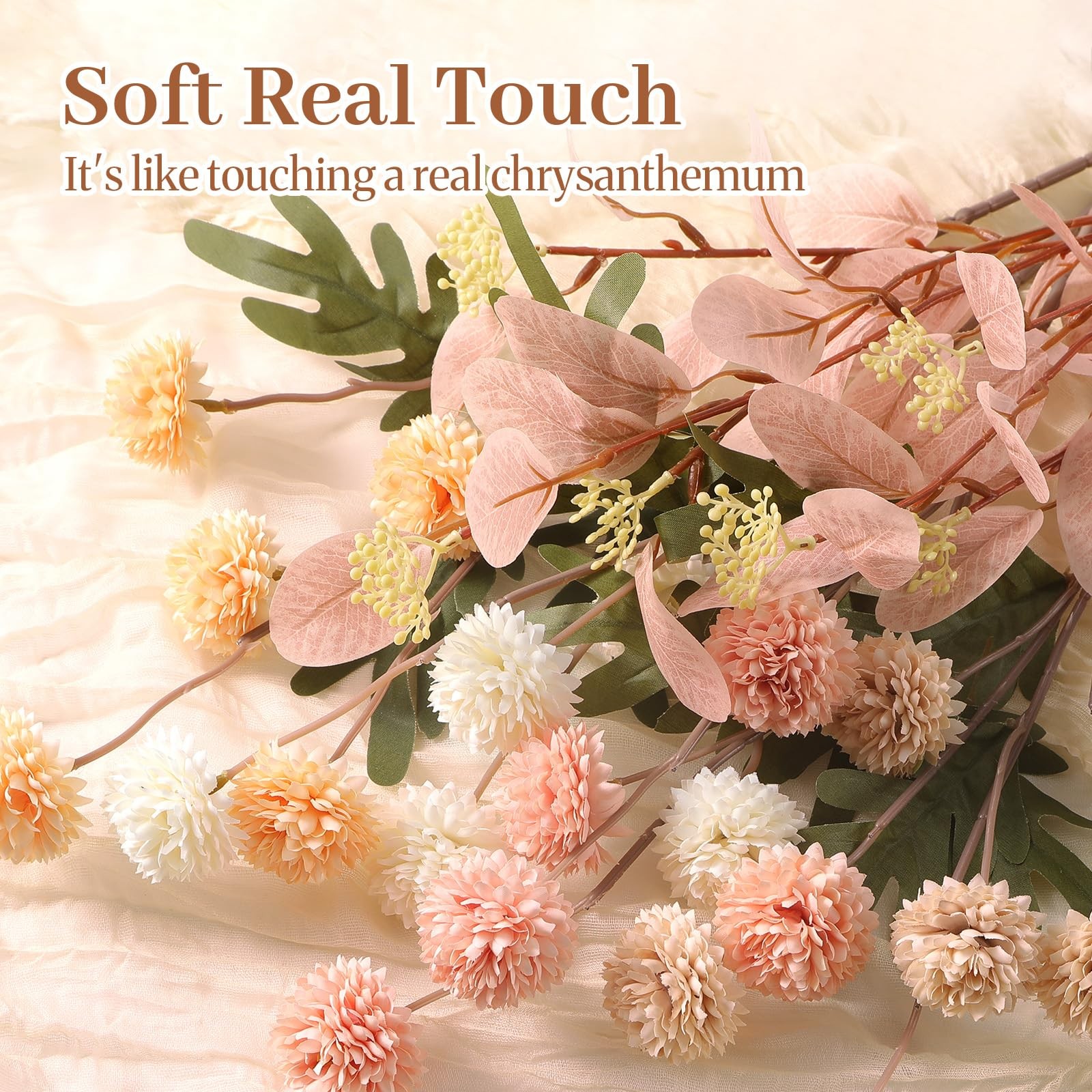 16 Pcs Faux Silk Mums with Eucalyptus, Fake Chrysanthemum for Vase