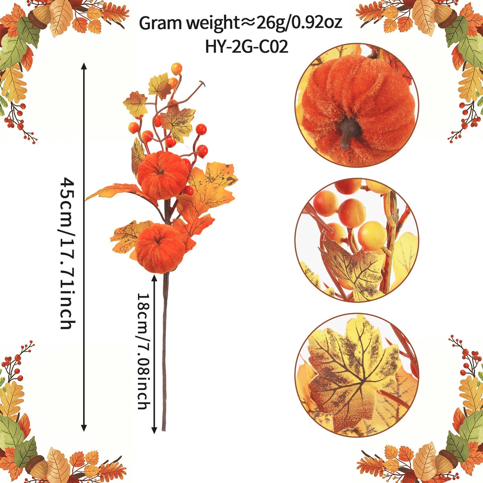Orange Pumpkin Floral Picks 45cm 3 Pack with Realistic Maple Leaves Berries
