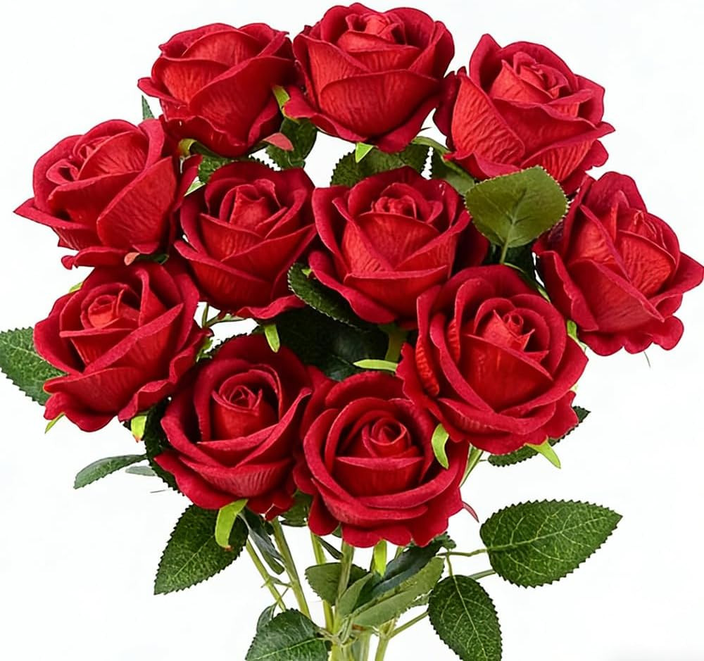 12PCS Artificial Roses Realistic Velvet Silk Flowers Long Stem Faux Flowers Bouq