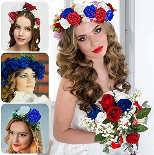 28 Pcs Red White and Blue Flowers, Patriotic Memorial Bouquet Atificial Flowers,