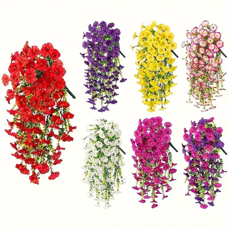 UV Resistant Faux Silk Morning Glory Hanging Flowers for Outdoor Decor 1 Pc Red