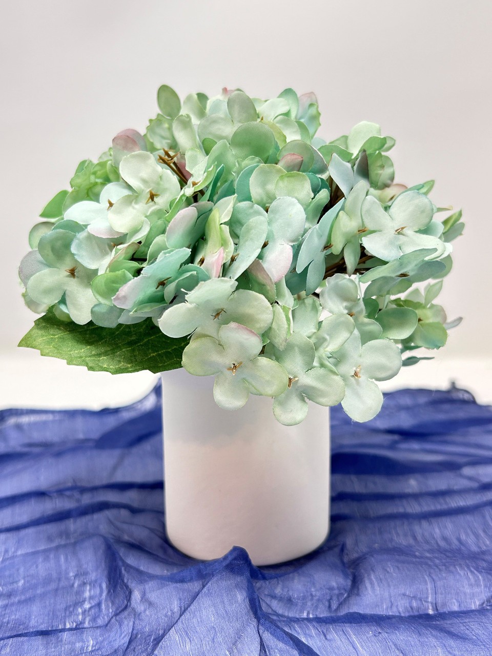 6.5″ Artificial BLUE-GREEN HYDRANGEA faux Silk flower, smooth matte ceramic pot