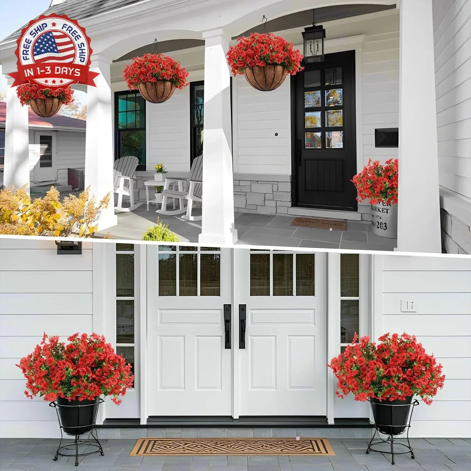 Hananona 24 Pcs Artficial Outdoor Flowers with Hanging Baskets, 2 Pack Hanging P
