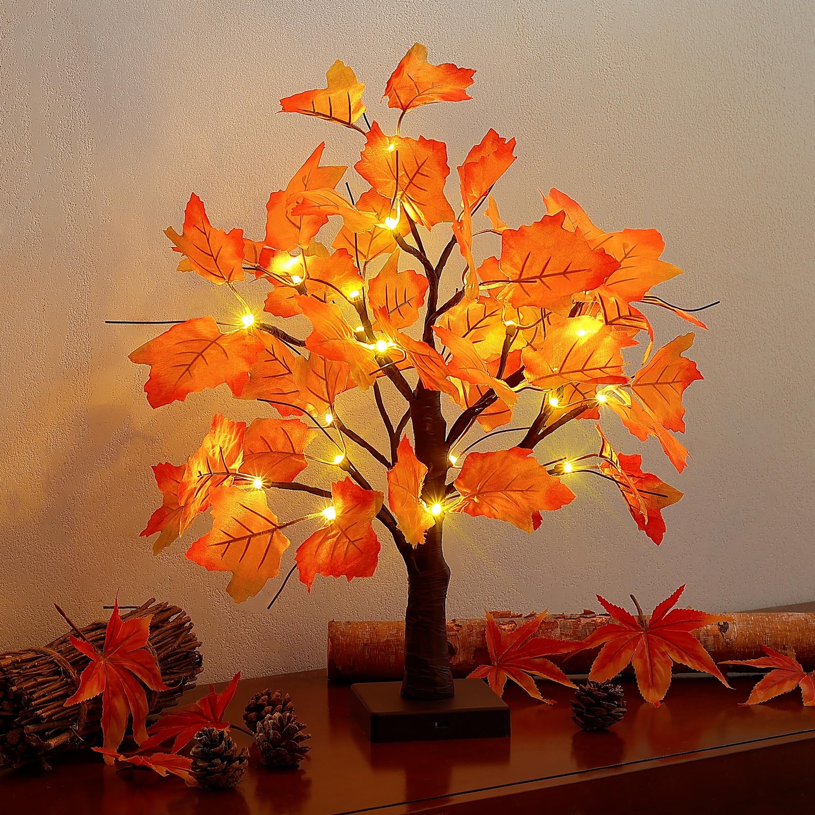 Woohaha 24LED Fall Tree Lighted Maple Tree,Thanksgiving 1ft 8in, Orange