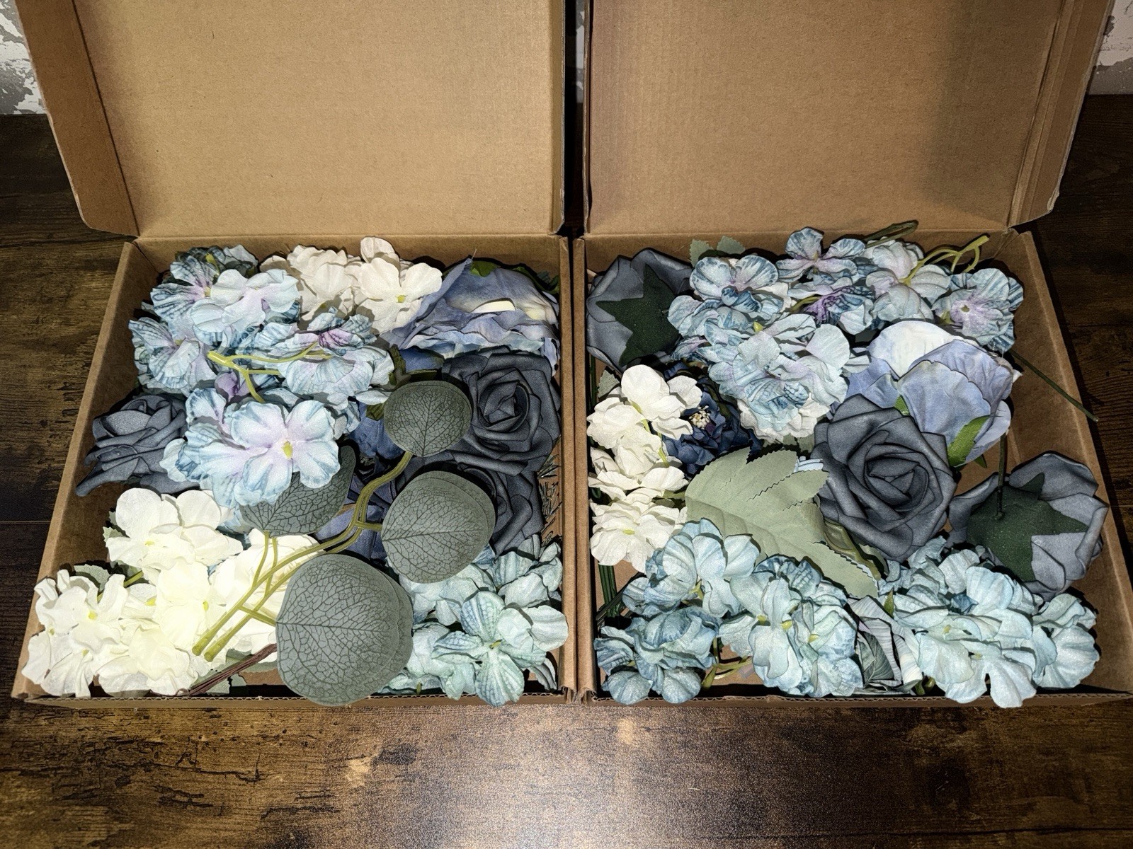 2 Boxes of Artificial Flowers Combo Box Set Dusty Blue Flowers for DIY Wedding