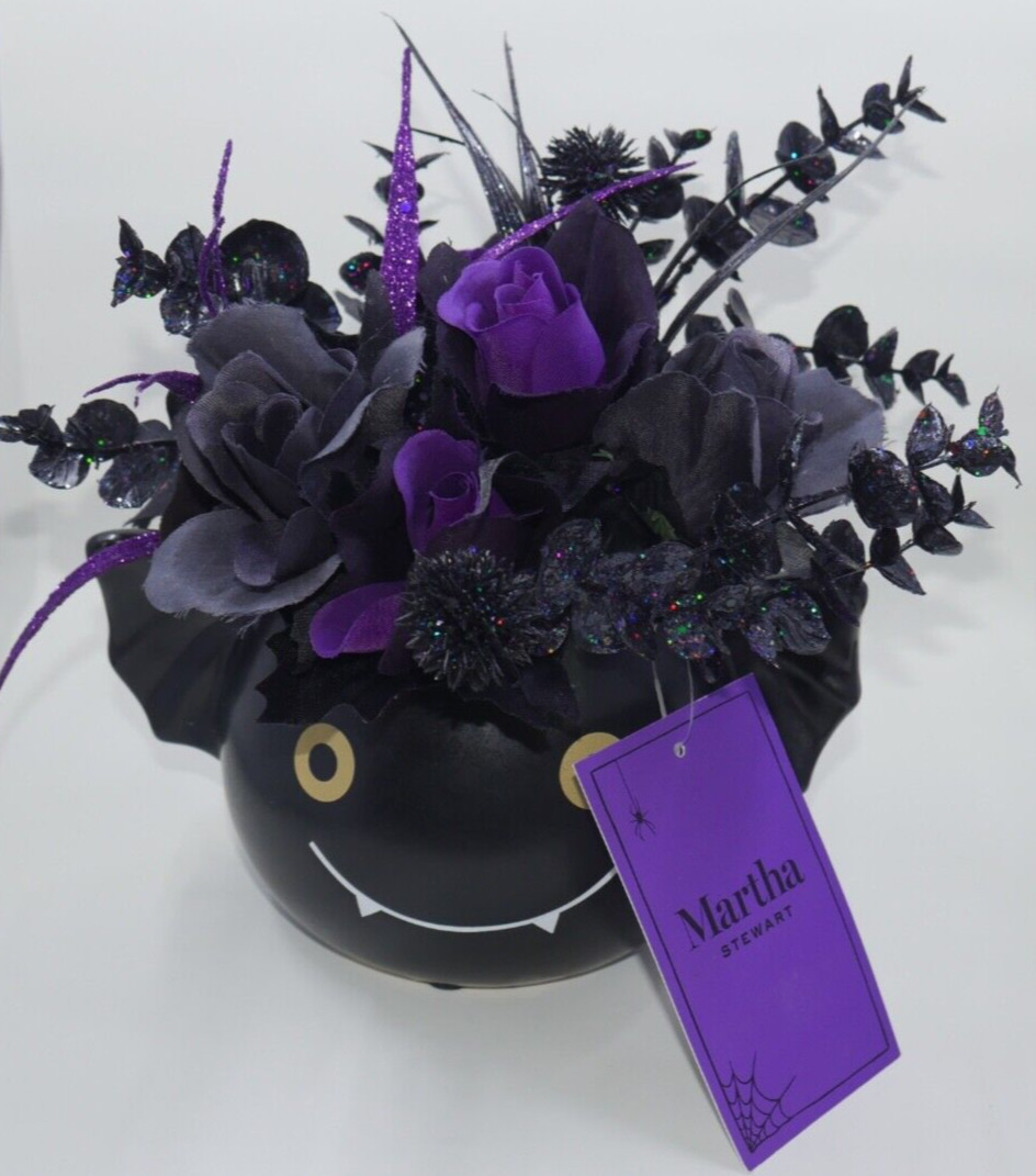 Martha Stewart Halloween Blk Purple Flower Floral Arrangement Bat Monster Vase