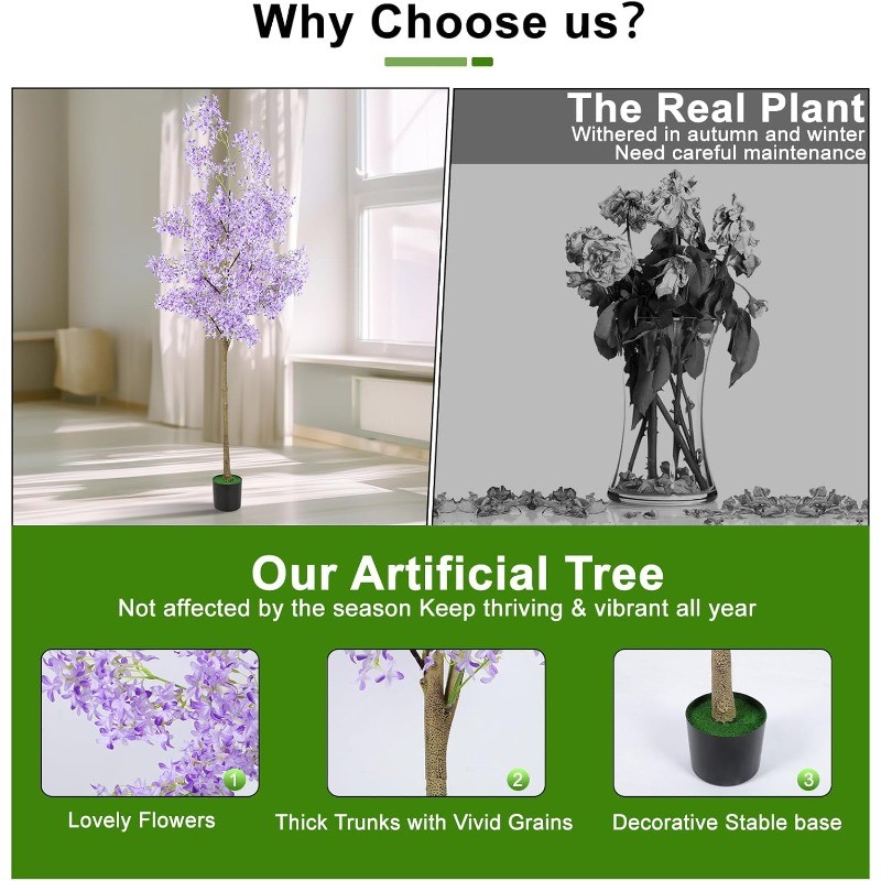 6FT Artificial Winter Jasmine Tree with Cement Base Pot Faux Floor Plant, Purple
