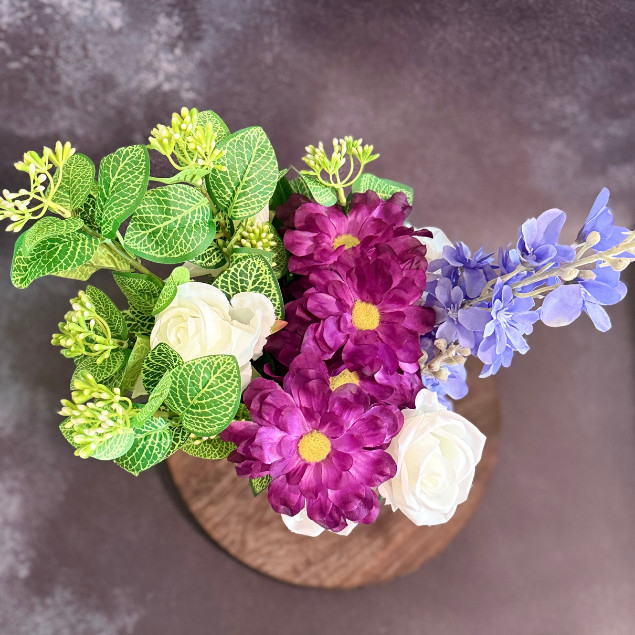 Purple White Rose Faux Floral Arrangement Blue Mason Jar LED Lights Home Decor