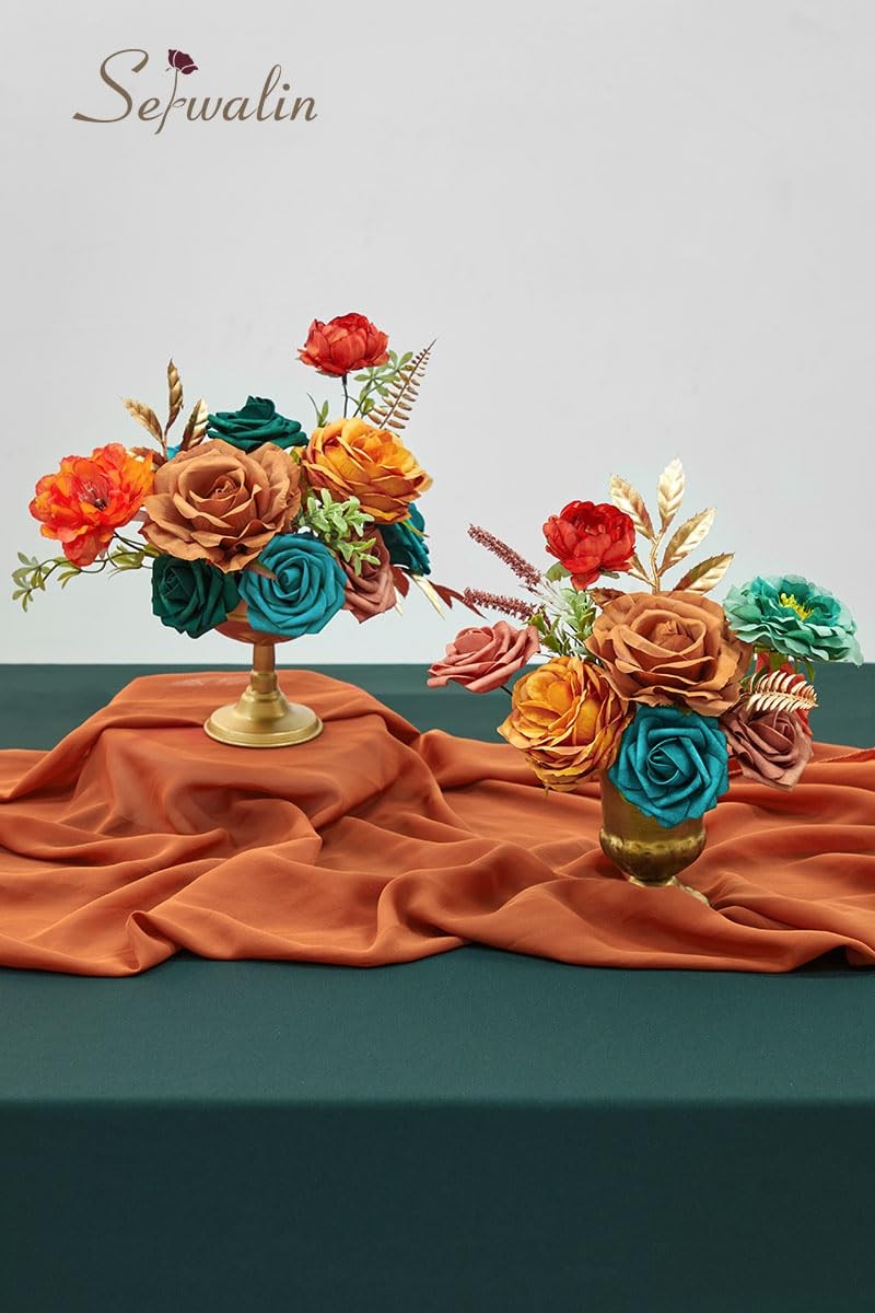 Spring Artificial Flowers Burnt Orange Teal Silk Cake Decor Floral Centerpiece