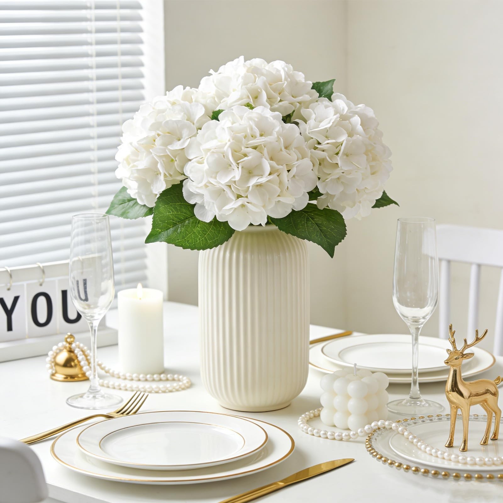 4pcs Hydrangea Artificial Flowers Real Touch Flocked Latex, White