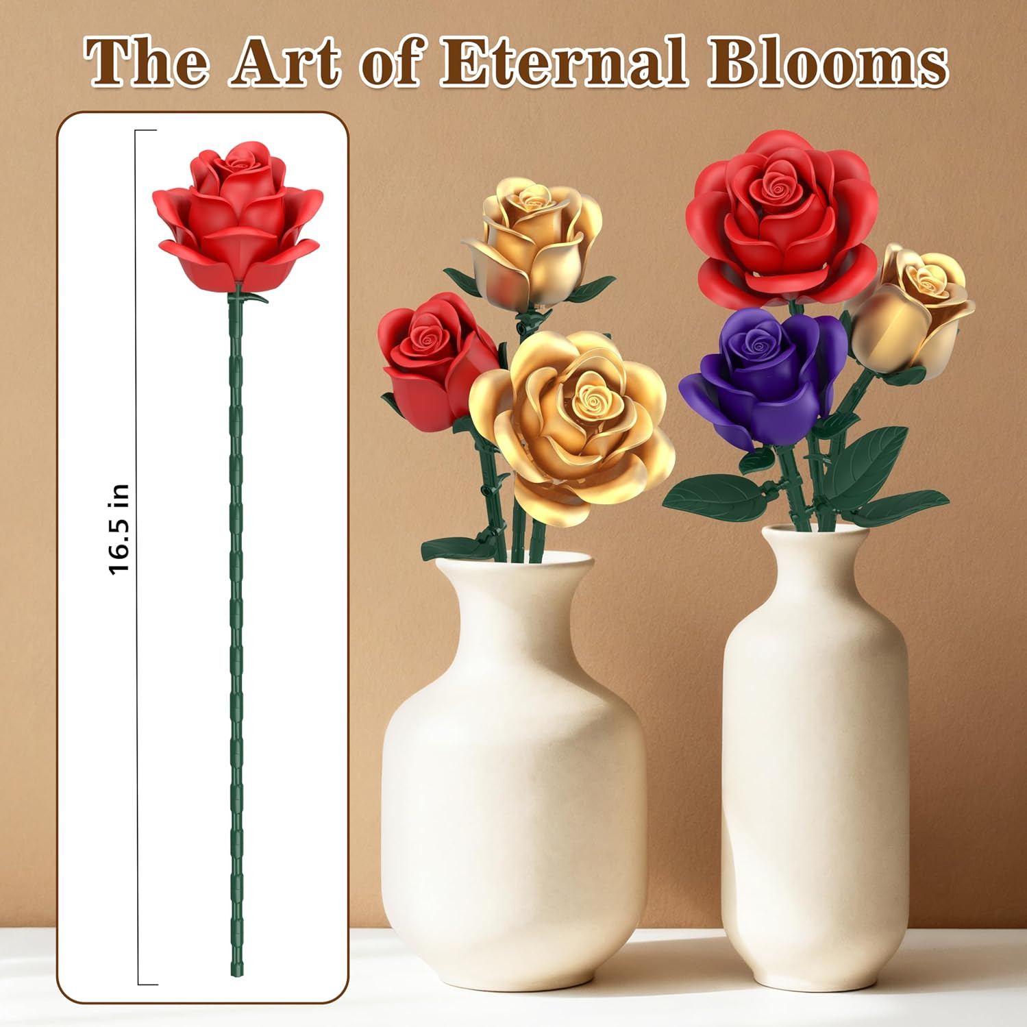 Rose Bouquet Flowers Building Set, 501Pcs Red Purple Golden Roses Artificial