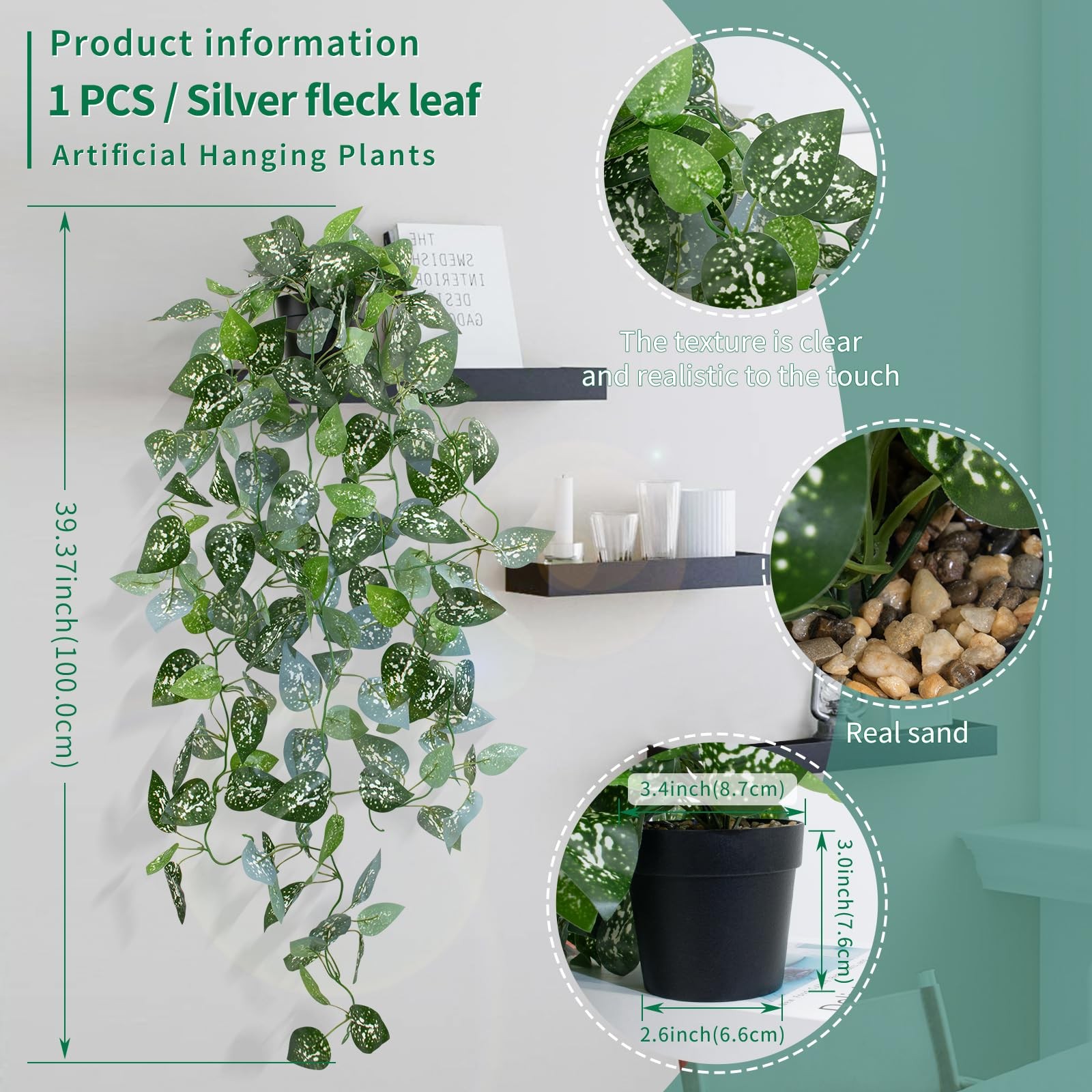 39-in Long Fake Hanging Plant with Pot Faux Pothos Artificial Potted Plants S…