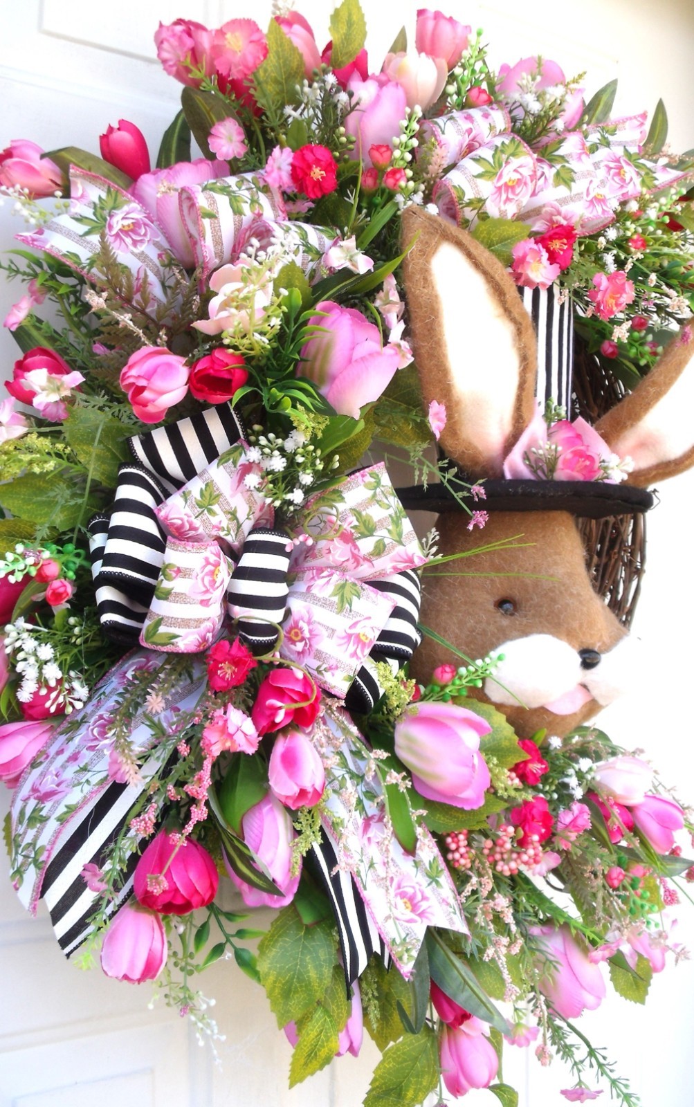 Spring Easter Bunny Wreath, Door Decor Pinks/Black/Whites