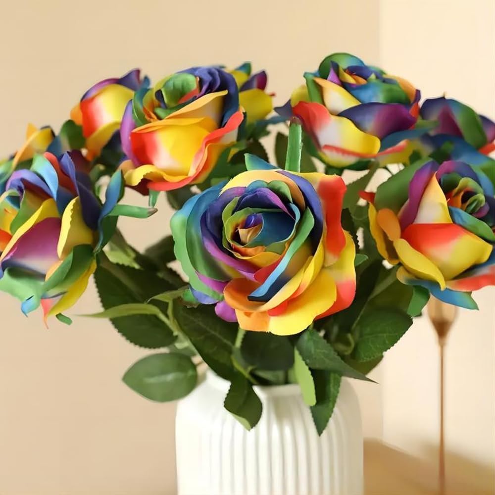 Laelfe 12 PCS Artificial Flowers Rainbow Roses Silk Flowers Fake Long Stem