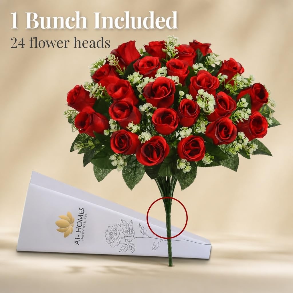 16 Inch Artificial Silk Red Rose Bush Gyp Foliage 24 Heads Wedding Grave 1 PCS